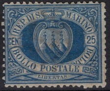 SAN MARINO 1894-99 STEMMA 25 CENTESIMI AZZURRO N.30 G.I MNH**