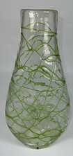 Hand blown Art Glass Vase 12” Tall Applied Green Threaded Design MCM Decor Style