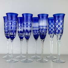 Set Of 8 Bohemian Czech Cobalt