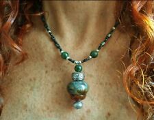 ??COLLANA DONNA PIETRE DURE PENDENTE GIOIELLO AMBRA, GIADA, ARGENTO. ETNICO ?