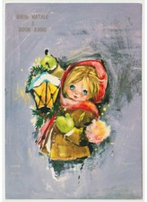 1970 cartolina auguri di Buon Natale vintage bambina con lanterna