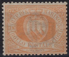 SAN MARINO 1892-94 STEMMA 30 CENTESIMI GIALLO CHIARO N.16 G.I MNH** SIGLATO A.D
