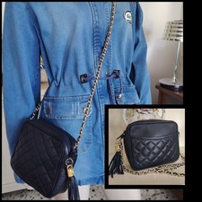 Borsa Matelasse In  Vera Pelle Color Blu Notte, Tracolla Con Catena In Metallo 