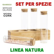 SET 4 PORTA SPEZIE CONTENITORE BARATTOLO VETRO LEGNO TAPPI SUGHERO ERBE AROMI
