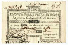 30 SCUDI CEDOLA SACRO MONTE DELLA PIETÀ DI ROMA 01/05/1797 BB+
