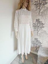 Abito Little Mistress bianco midi plissettato all'uncinetto nuovo taglia 14