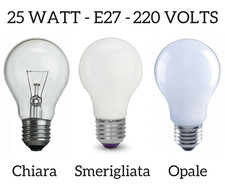 LAMPADINA 25 WATT CHIARA SMERIGLIATA O OPALE E27 INCANDESCENZA 220V GOCCIA LOTTO