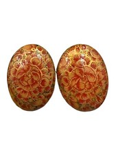 Orecchini vintage in legno dipinti a mano clip su oro rosso forma ovale