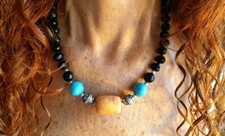 ?COLLANA DONNA UOMO PIETRE DURE CORALLO, TURCHESE, ONICE, ARGENTO. NEPAL ETNICA