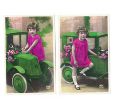 SE1619 SET DI 2 ART DECO RAGAZZA VICINO AL SUO GRANDE VERDE AUTO A PEDALI GIOCATTOLI VINTAGE RPPC
