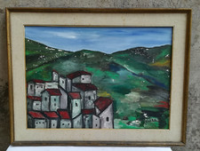 DIPINTO OLIO SU TELA MONTAGNE CASE FIRMATO G.CIULLA QUADRO VINTAGE CORNICE LEGNO