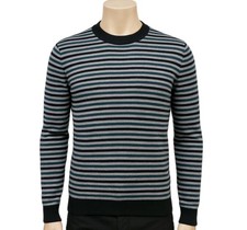 Maglione uomo maglia 100% lana righe grigio navy girocollo caldo invernale L 42” petto