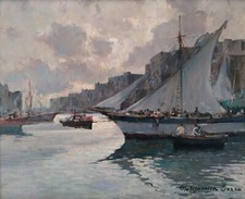 Mario Maresca Serra Marina al Tramonto Porto con Barche a Vela Dipinto ad Olio