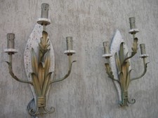 COPPIA APPLIQUES FERRO 3 BRACCI CON FOGLIE  BASI A MURO IN GRANITO - 1960 EMILIA