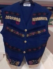 Giacca Vintage Donna 100%Lana Merino Barocca  Gilet Blu Bottoni Gioiello Frange 