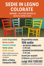 Sedie legno massello colorate NUOVE – 108 pezzi – ritiro Napoli/ Salerno Spediz.