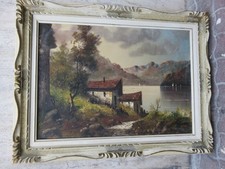 vecchio quadro dipinto CASE SUL LAGO PANORAMA ALPINO MONTAGNE MANCINI pittore di