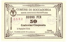 50 CENTESIMI FIDUCIARIO COMUNE ROCCAGORGA MONTE COMUNALE FRUMENTARIO 1872 qFDS