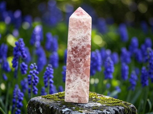 Rose calcite quartz tower - in,