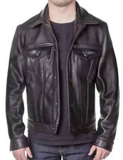 Giacca uomo nera camionista moto biker vera pelle di agnello cappotto stile denim