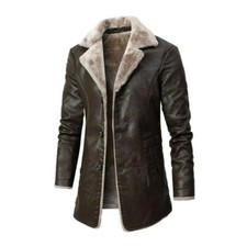 Giacca uomo pelle pu spessa calda cappotto lungo foderato pelliccia collo formale outwear neve