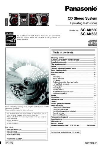 Panasonic ak630 ak633 cd - panasonic, sa-ak633
