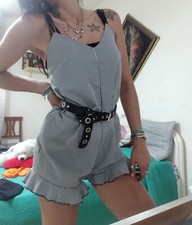 Tutina Intera Playsuit donna Larga Nera  bianco quadretti retta Volant