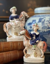 Marvelous Petite 19C English Staffordshire Noble Boy Girl Royal Horse Pair 6”