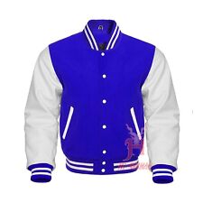 Giacche Varsity Letterman Baseball Blu Reale Lana Vera Pelle Bianca Maniche