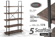 SCAFFALE METALLO LIBRERIA 5 MENSOLE RIPIANI LEGNO ENTRATINA INGRESSO 174*100*33