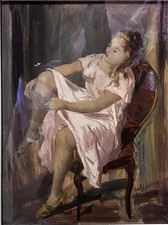 Ragazza che mette le  calze di