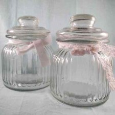 Set 2 Barattoli da Cucina in Vetro con Coperchio Decoro Fiocco Ecru - 600 ml