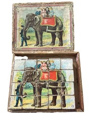 Antico puzzle blocco legno litografia TEDESCA bambino '900 pony, collie, pecora