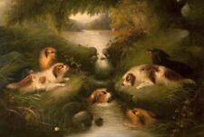 Quadro olio artistico George+Armfield-Otter+Caccia animali cani da ruscello tela