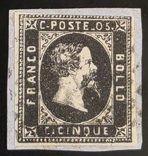 SARDEGNA STATI ITALIANI 1851 Usato su Carta 5 C Nero Sass #1 CV €6000 VF