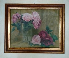 Dipinto Su Tela Vaso con Rose anni 1930/ 1940 in patina. Cornice nuova 