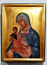 Icona greca dipinta a mano. Cm. 24x18,5 Madonna del Buoncammino. Fondo oro18Kt.