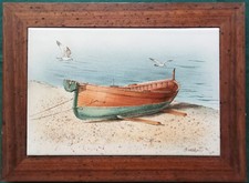 Ceramica dipinta a mano firmata Tedesi ( Bruno Tedesi) Albissola, marina barca