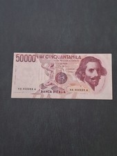 Banconota da Lire 50.000 Bernini I° tipo 15/3/84 numeri poker con errore