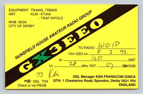 Radioamatore qsl gx3eeo derby - gx3eeo,