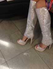 sandali donna Con Gambali Alti Con Strass, Tacco 12cm, Color Argento.