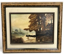 ANTICO QUADRO DIPINTO OLIO CARTONE GIUSEPPE SOLENGHI PAESAGGIO LAGO BAITA BOSCO