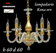 LAMPADARIO CRISTALLO 5 LUCI KONA  RIPORTI ORO FRANCESE SOSPENSIONE ARTIGIANALE