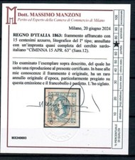 1863 REGNO 15 CENT LITOGRAFICO CIMINNA SASSONE ANNULLAMENTI R1 € 3.250