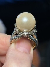 Large Costume Creamy Pearl Silver Gold Pretty Bow Size 7 Ring CHINA CZ’s “Maria”