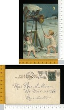 V2365] BUON ANNO NUOVO - DUE ANGELI  FATE SUONANO CAMPANA - RILIEVO 1907