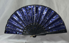 Ventilatore pieghevole vintage rete nera blu navy paillettes bastoncini e protezioni legno nero