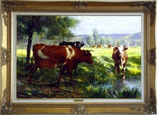 Fatto a mano Old Master-Art antico olio pittura mucche animali su tela 24 "x 36"