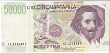 Cartamoneta. Italia Lire 50.000 BERNINI. Fazio - Speziali. Quasi fior di stampa
