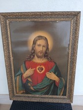 Antica Stampa Quadro Sacro Cuore di Gesù Cornice in Legno D'Epoca 85 x 65 cm